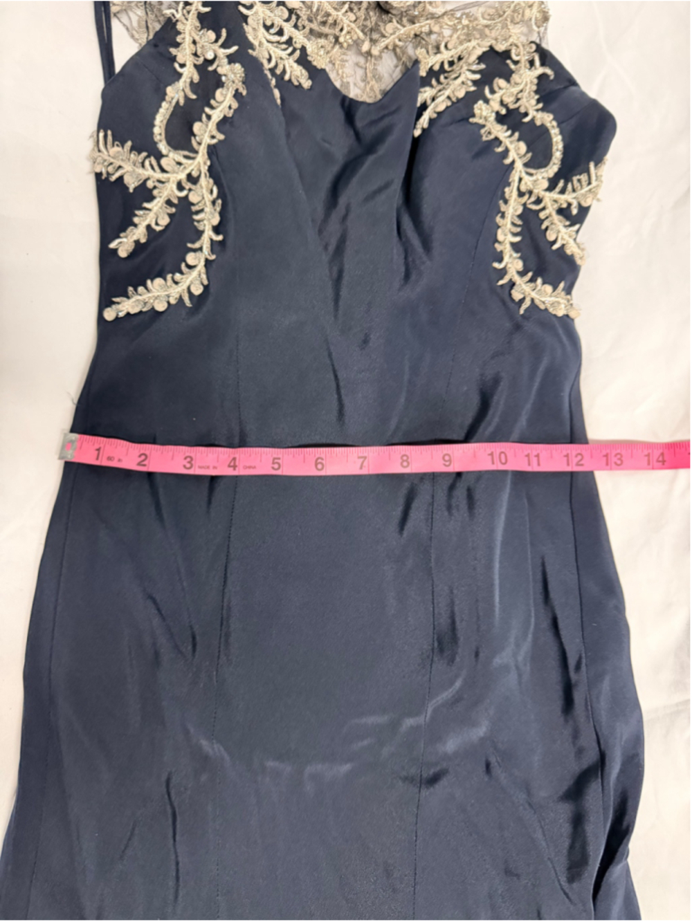Anna Maier Couture Navy Blue Formal Gown | Silver Embroidered Illusion Bodice | - Picture 14 of 17